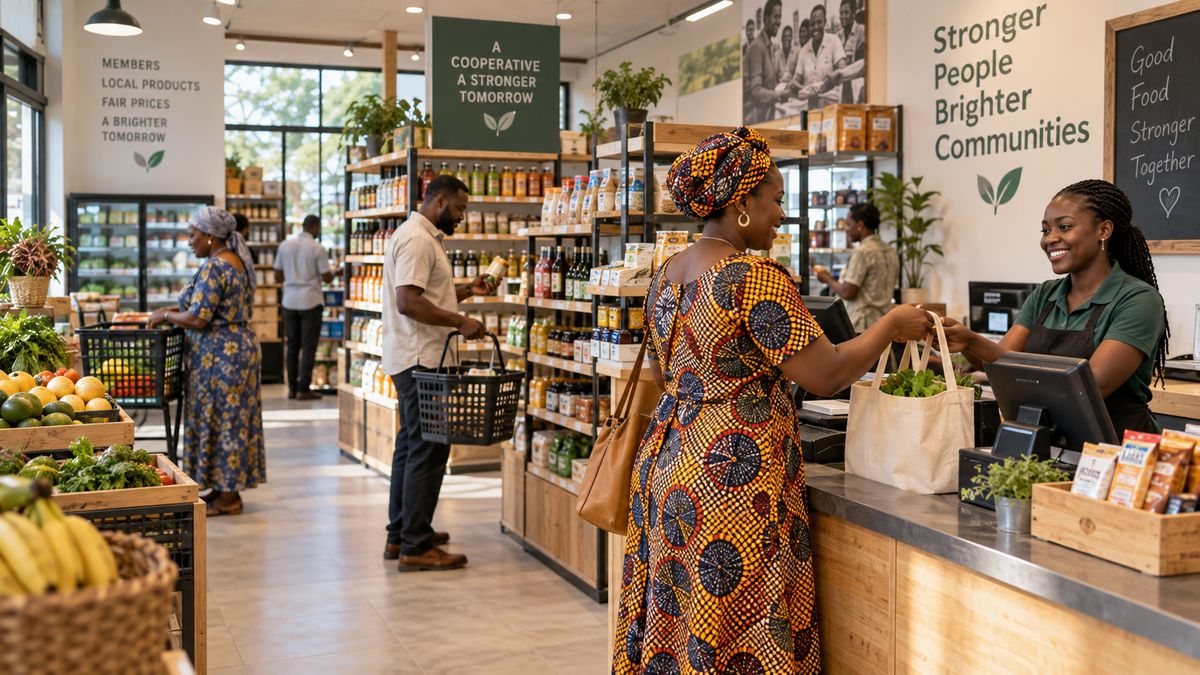 Shoppers and staff in a cooperative food store